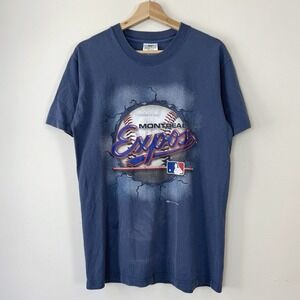 Vintage 90's Montreal Expos MLB Baseball Graphic Navy Blue Tee Shirt - Medium